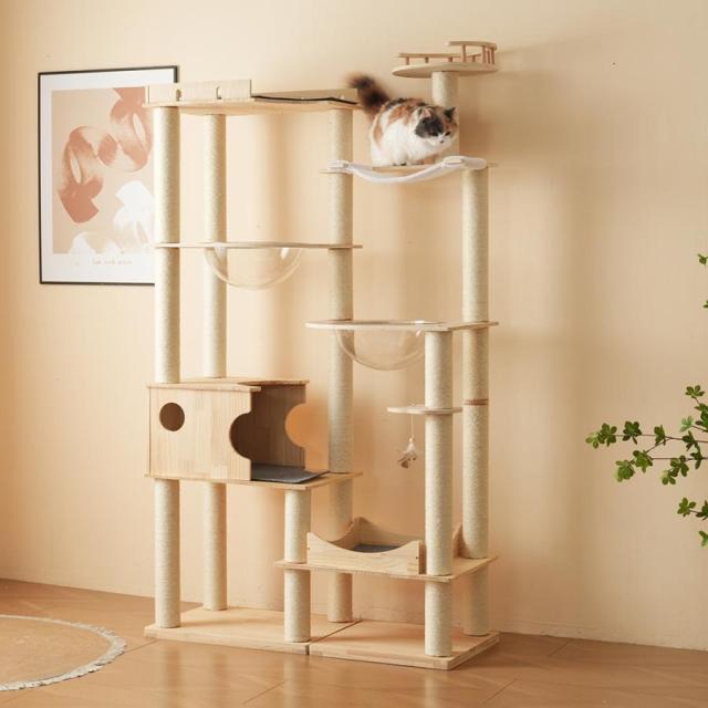 天然木製 キャットタワー 猫タワー キャットツリー キャットハウス  高さ194cm 透明宇宙船  麻紐支柱 爪とぎ 頑丈 据え置き型 展望台  機能満載 猫ベッド ペット用品 大型猫 多頭飼い 運動不足 ストレス解消 ネコ運動 省スペース_7