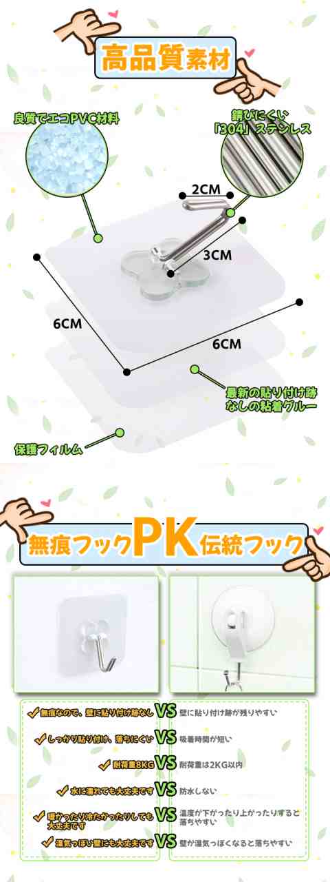 市場 壁掛けフック 壁フック 強力フック 透明フック 耐荷重20KG 粘着フック 傷つけない