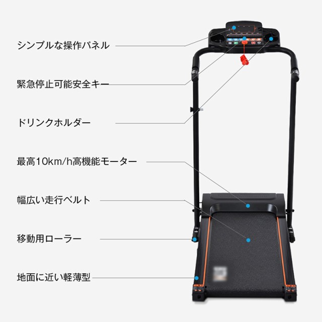 ランニングマシーン時速1-10km電動折りたたみ移動キャスター広幅走行面家用薄型AC100110V5060Hz