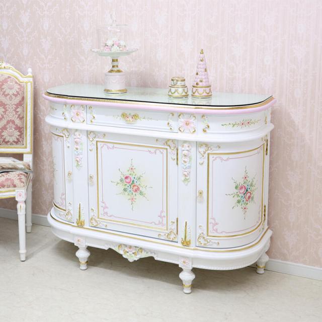 ホワイト ガラス扉付きチェスト 4段　キャビネット　姫系家具 ホワイト ガラス扉付きチェスト 4段 キャビネット 姫系家具