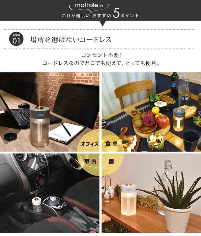 充電式ポータブル加湿器 MTL-H004 送料無料 mottole 充電 加湿器 卓上 充電式 コードレス 車 車用 車載 電源不要 オフィス  ポータブル 静の通販はau PAY マーケット - mottole