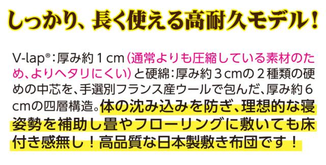マンションにお住まいの方に【品名：ガーベラ】湿気対策 4層 敷き布団 [テイジン 正規品 V-Lap(R)使用] フランス産 羊毛 厚手 四層 超軽量 体圧分散 敷き布団 シングル 100×210cm 日本製 帝人 テイジン TEIJIN 羊毛 固綿 ハンドセレクト 手選別 ウール フランスウール_2