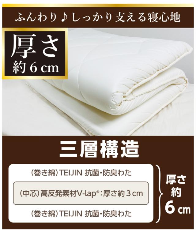 マンションにお住まいの方に【品名：ミント】湿気対策 3層 敷き布団 [テイジン 正規品 V-Lap?使用] 三層 超軽量 敷き布団 シングル 100×210cm 日本製 帝人 テイジン TEIJIN フィルケア? 敷きふとん 敷ふとん 体圧分散 抗菌 防臭 【圧縮梱包】ブイラップ　Vラップ_4