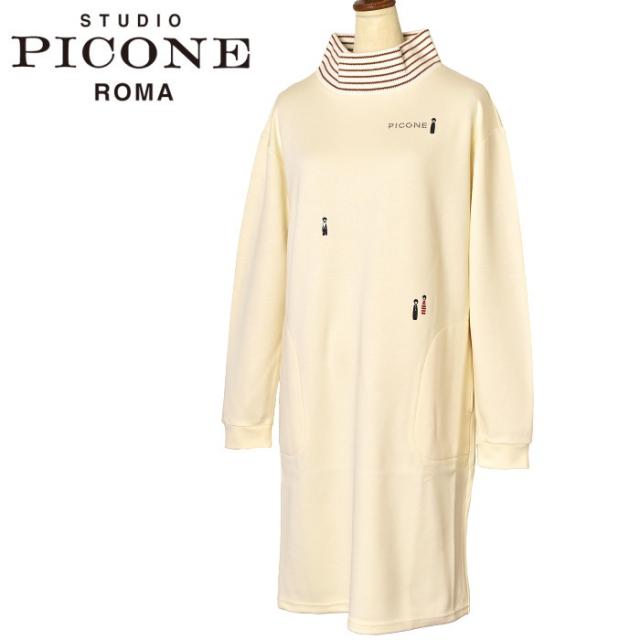 PICONE 刺繍デザインのベージュ長袖ワンピース 総柄刺繍ワンピース