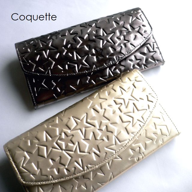 ノベルティ coquette コケット 星柄 スター型押し ギャルソンウォレット 長財布 G0108 Etoile ゴールド/ダークシルバー