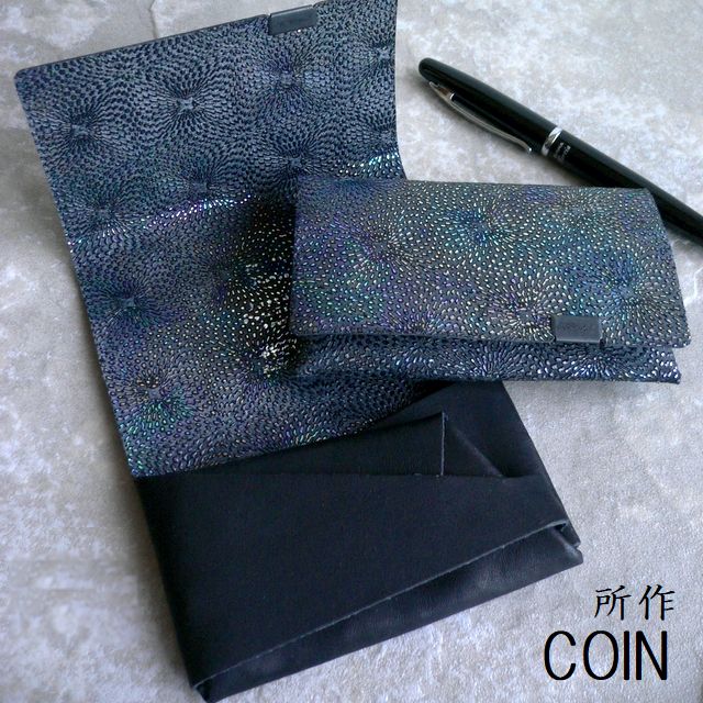 限定生産 所作 shosa 財布 ケース カードケース コンパクトウォレット 鮫小紋 箔押し aurora SH401SM ブラック