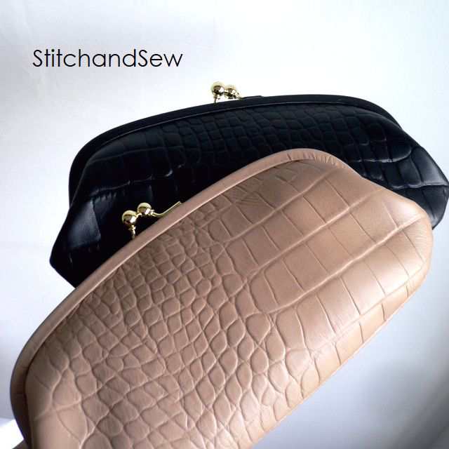 ノベルティ StitchandSew ステッチアンドソー 財布 クロコ型押し レザー がま口 長財布 CLW102 グレー/ベージュ/ブラック