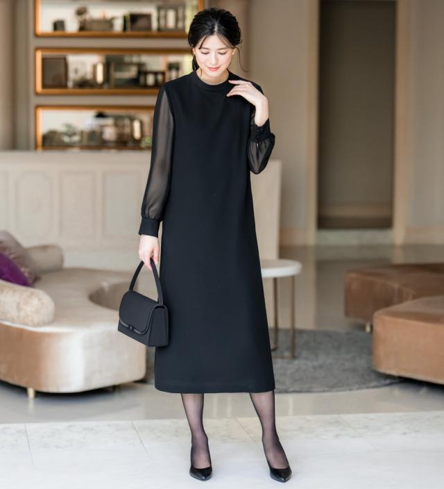喪服 レディース ワンピース 洗える ロング シースルー 袖 ブラック 