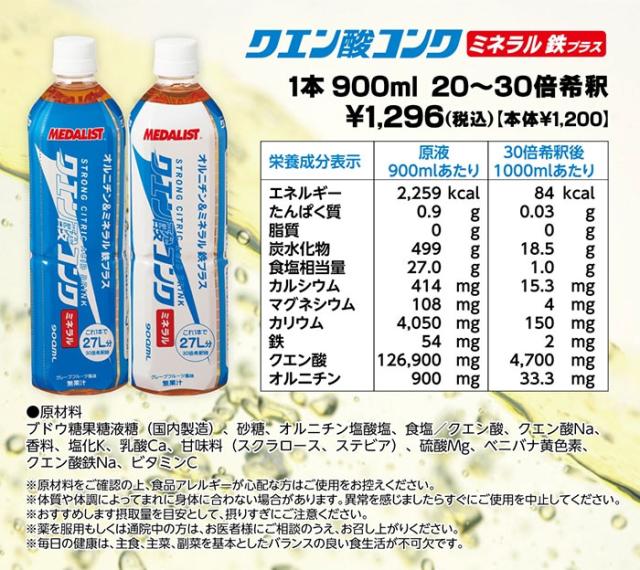 ◆◆ ＜メダリスト＞ MEDALIST クエン酸コンク ミネラル・鉄プラス 900mL(12本セット／1本で約27L分) 890015_8