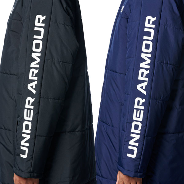 Under Armour フード付きベンチコート ネイビー。中綿ポリエステル