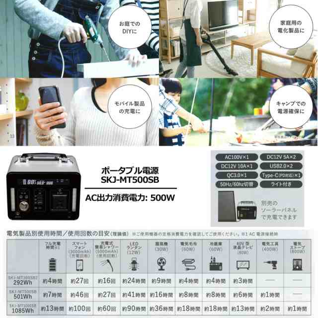 アウトドアに最適】エスケイジャパン 充電機能付きポータブル電源 500W