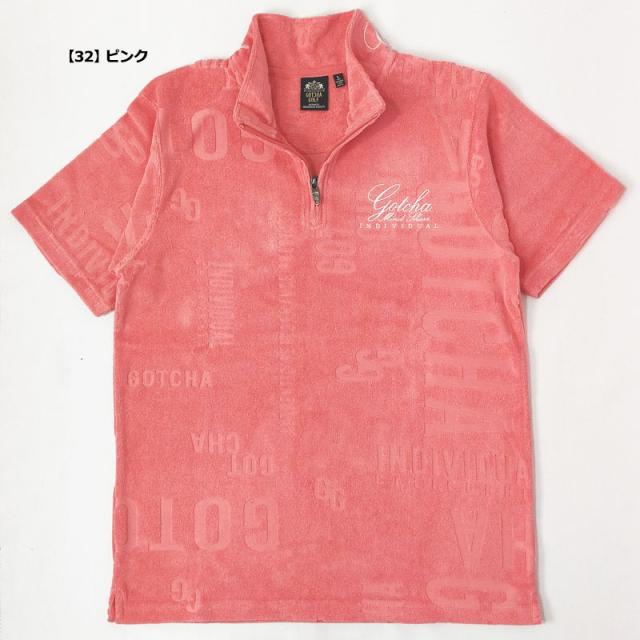 ガッチャゴルフ メンズ 吸汗速乾 ハーフジップ 半袖 シャツ ロゴパイル