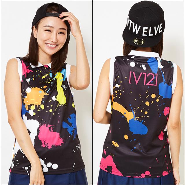 V12 ゴルフ ヴィ・トゥエルヴ レディース DRIPPING ノースリーブポロシャツ V121910-CT06 19/Black ブラック 春夏【新品】ZAAQ ゴルフウェアレディス トップス N/S 落書き ペンキグラフィック ドリッピング おしゃれ ブランド V12 GOLF V12 ゴルフ ヴィ・トゥエルヴ レディース DRIPPING ノースリーブ