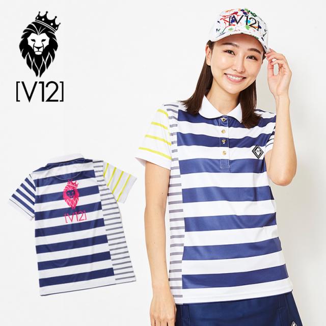 V12 ゴルフ ヴィ・トゥエルヴ レディース CRAZY BORDER 半袖ポロシャツ V121910-CT20 78/Navy 春夏秋【新品】ZAAQ ゴルフウェア レディス半そで トップス クレイジーボーダー おしゃれ ブランド V12 GOLF