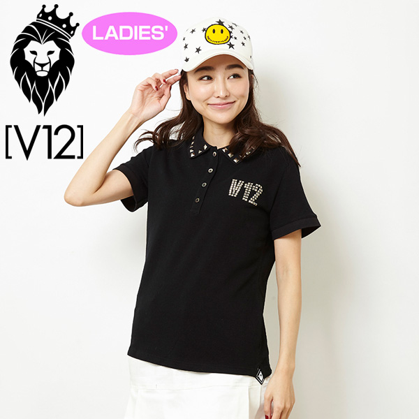 V12 ゴルフ ヴィ・トゥエルヴ レディース STUDS 半袖ポロシャツV121810-CT01 19/ブラック 春夏秋【新品】YAAQ ゴルフウェア 半そで トップス 無地 シンプル スタッズ おしゃれ ブランド V12 GOLF