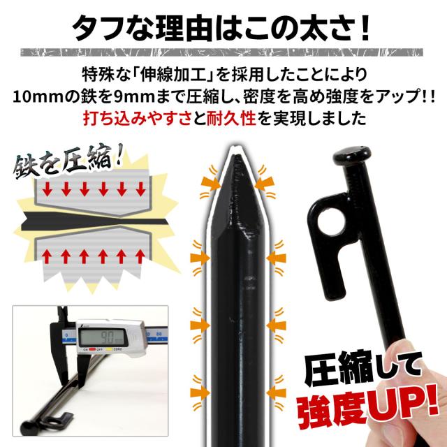 ペグ 25cm 96本セット 強靭 スチールペグ キャンプ テント タープ 設営 レーザー溶接 伸線加工 防錆塗装 安全キャップ付き_6