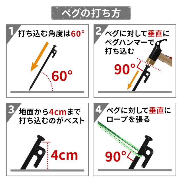 ペグ 25cm 96本セット 強靭 スチールペグ キャンプ テント タープ 設営 レーザー溶接 伸線加工 防錆塗装 安全キャップ付き_14