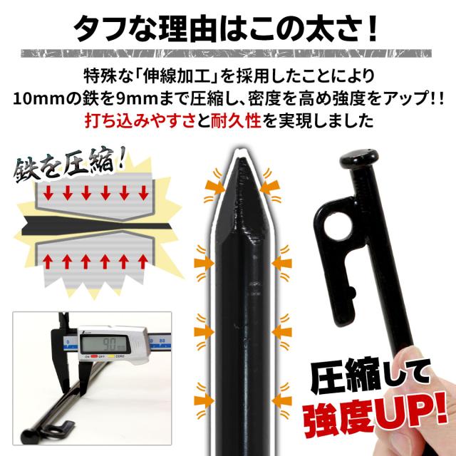 ペグ 30cm 90本セット 強靭 スチールペグ キャンプ テント タープ 設営 レーザー溶接 伸線加工 防錆塗装 安全キャップ付き_6