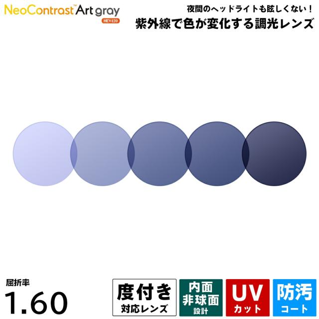 度付きレンズ ネオコントラスト アートグレー HEV420 UVカット 夜間運転可 ItoLens NeoContrast Art gray 内面非球面 1.60 2枚1組 プラスチックレンズ
