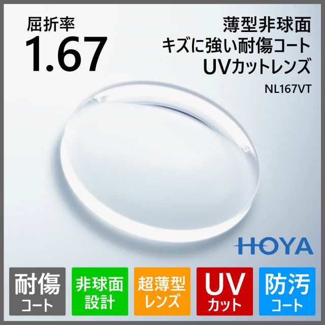 眼鏡 メガネ 度付き キズに強い レンズ 紫外線カット UVカット 超薄型 非球面 1.67 HOYA NL167VT メガネレンズ