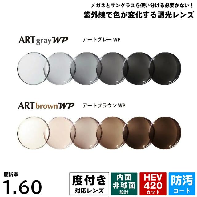 度付きレンズ 調光 アートグレーWP アートブラウンWP 内面非球面 薄型 1.60 UVカット HEV420 ItoLens ARTgrayWP ARTbrownWP ウェイブプラス 2枚1組