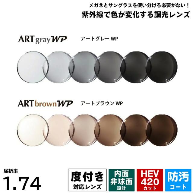 度付きレンズ 調光 アートグレーWP アートブラウンWP 内面非球面 最薄型 1.74 UVカット HEV420 ItoLens ARTgrayWP ARTbrownWP ウェイブプラス 2枚1組