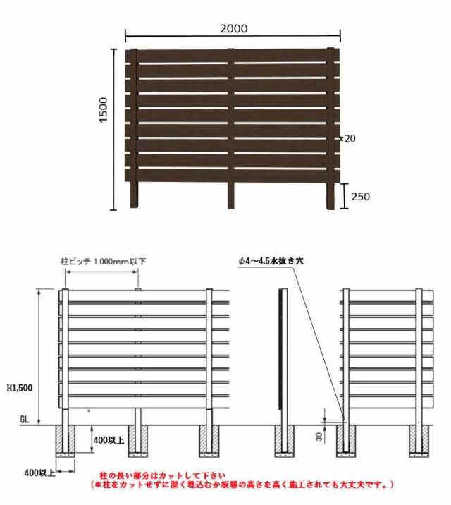 フェンス 目隠し ガーデン 樹脂フェンス 木目調 アルファウッド 外構フェンスセット W2000×H1500 基本セット