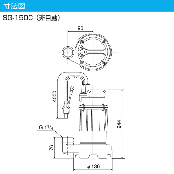 汚水用 水中ポンプ  SG-150C  100V 150W 口径32mm  汚水 排水ポンプ 小型 家庭用 汚水ポンプ 水中汚水ポンプ 非自動   寺田ポンプ  【送料無料】の通販は
