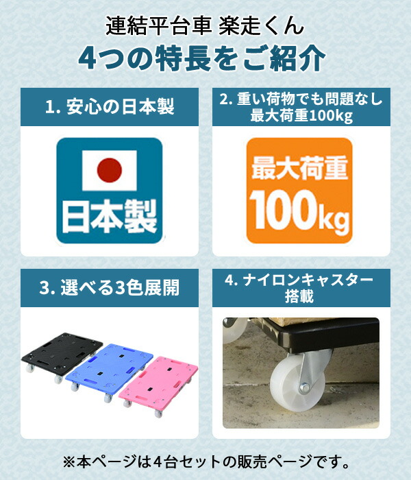 平台車 連結 4個組 楽走くん ナイロンキャスター 幅60奥行40cm NA-011 連結台車 連結平台車 家庭用平台車 ホームキャリー キャリーカート 日東 NITTO 【送料無料】_1