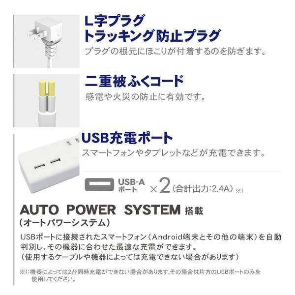 延長コード USB付き電源タップ 抗菌仕様 8個口タップ ケーブル1m