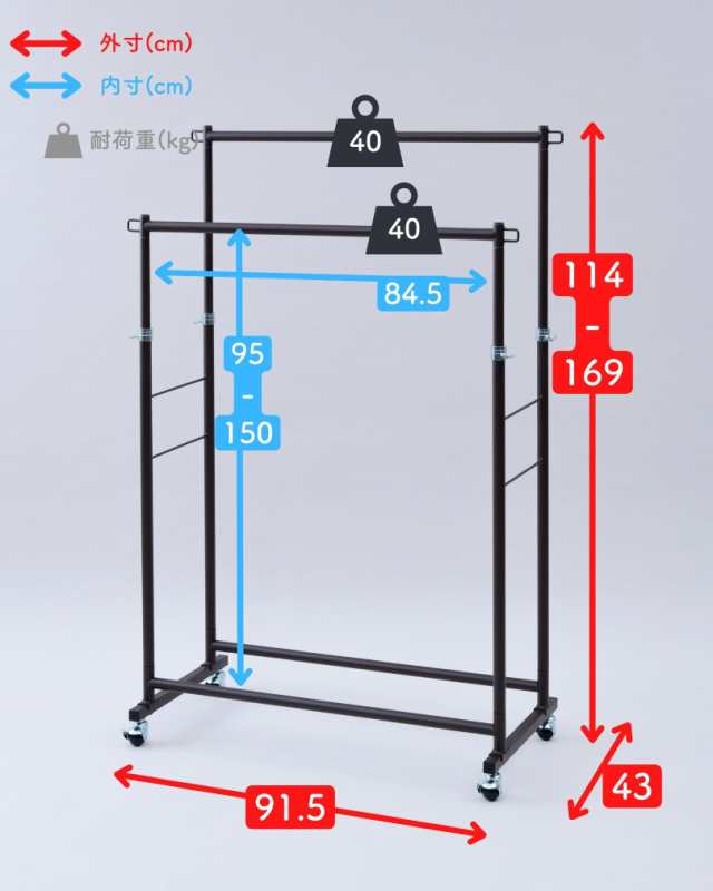 頑丈 ハンガーラック ダブル 2段 キャスター付き 幅91.5 奥行43 高さ