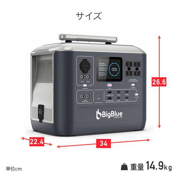 Bigblue リン酸鉄 ポータブル電源 Cellpowa1000 1075Wh 336000mAh 