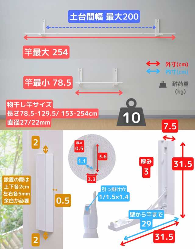 壁掛け物干し 石膏ボード用 日本製 施工不要 工事不要 耐荷重10kg 最大幅254cm 部屋干し 浮かせる 物干し 浮かせる物干し 壁付け 室内物