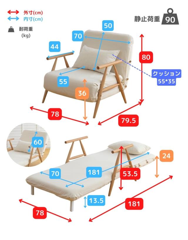 ソファベッド 折りたたみ デイベッド セミシングルショート 幅78 奥行 