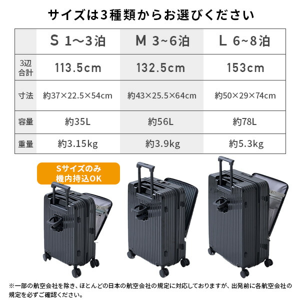 スーツケース キャリーケース フロントオープン カップホルダー USB充電ポート TSAロック 78L Lサイズ ビジネス 修学旅行 海外旅行 国内旅行 キャリーバッグ 山善 YAMAZEN 【送料無料】_12