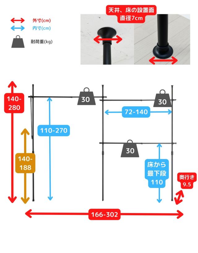 天井突っ張り式 ハンガーラック L字 3段 幅166-302 高さ200-280