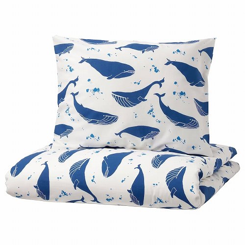 IKEA イケア 掛け布団カバー＆枕カバー クジラ模様 ブルー ホワイト シングル 150x200cm 50x60cm m00521104 BLAVINGAD ブローヴィンガード