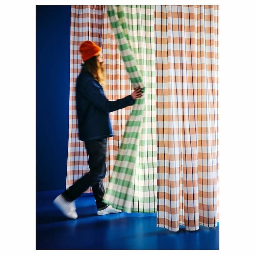 IKEA イケア カーテン 1枚 グリーン ホワイト ブラック