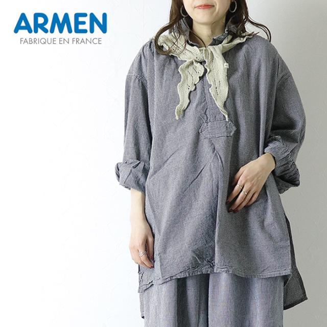 アーメン ARMEN シアサッカーギンガムチェックワークギャザーシャツ INAM2632C プルオーバー チュニック 長袖 レディース