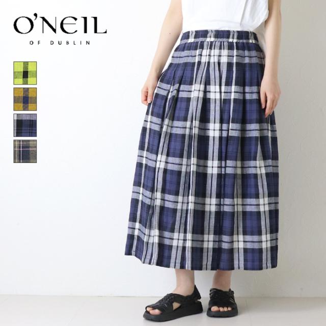 オニール オブ ダブリン O'NEIL OF DUBLIN リネンロングイージープリーツスカート N14183 チェック柄 ロング丈 ウエストゴム レディース