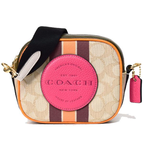 コーチ バッグ COACH ジャガード ぺブルレザー シグネチャー ミニ デンプシー ストライプ ロゴ パッチ カメラバッグ クロスボディ 斜め掛け 2way クラッチ ショルダーバッグ ライトカーキ×エレクトリックピンク coach2635