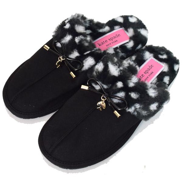ケイトスペード スリッパ katespade テキスタイル フェイクファー レイシー リボン スペードチャーム ドット 水玉 ルームシューズ ブラックマルチ 6B K4068