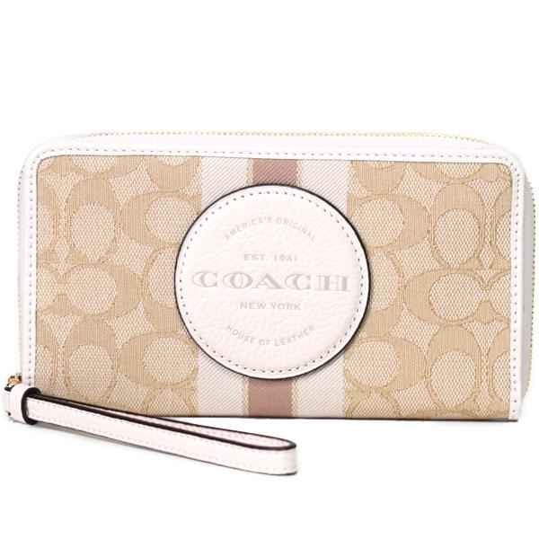 コーチ 財布 COACH ジャガード ぺブルレザー シグネチャー デンプシー ストライプ ロゴ パッチ ラージ iPhone スマホ フォン ウォレット リストレット 財布 ライトカーキチャーク C9073