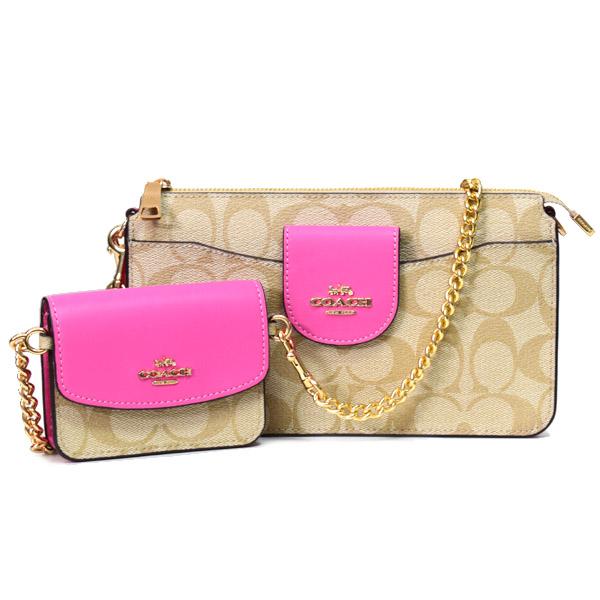 コーチ バッグ COACH コーティングキャンバス レザー シグネチャー ポピー クロスボディ 2way クラッチ ポーチ チェーン ショルダーバッグ カードケース 定期入れ 名刺入れ ケース ２点セット ライトカーキ×ペチュニア C3328