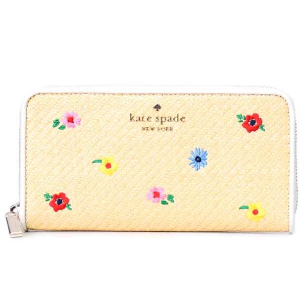 ケイトスペード 長財布 katespade ストロー レザー 花柄 籠 フラワー 刺? かご ジップ アラウンド 財布 マルチ KB533