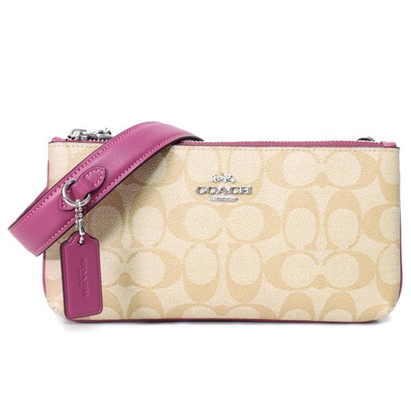 コーチ バッグ COACH コーティングキャンバス レザー シグネチャー ダブルジップ 2way クラッチ クロスボディー ショルダーバッグ ライトカーキ×ラズベリー CJ790