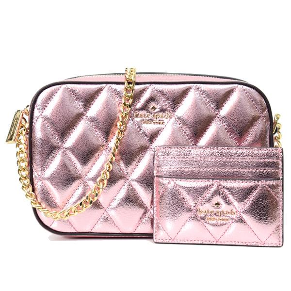 ケイトスペード バッグ katespade レザー キルティング メタリック カードケース 定期入れ 2点セット 専用BOX付き クロスボディ 斜めがけ チェーン ショルダーバッグ ミトンピンク KE441