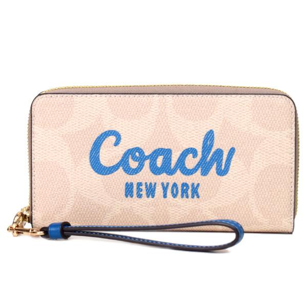 コーチ 長財布 COACH コーティングキャンバス スムースレザー シグネチャー ロゴ リストレット ジップ アラウンド 長財布 サンド×パシフィックブライトミネラル CZ330