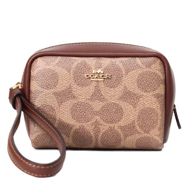 コーチ マルチポーチ COACH コーティングキャンバス レザー シグネチャー スクエア ポーチ ミニ ジップ リストレット 小物入れ ポーチ タン×ブラウン CW907