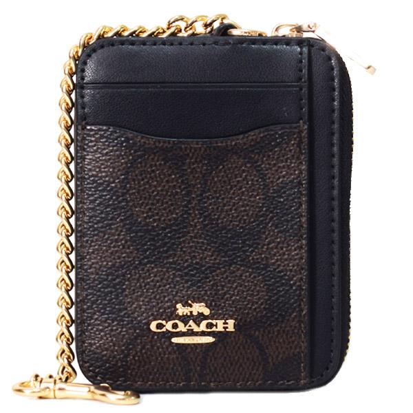 コーチ ケース COACH コーティングキャンバス レザー シグネチャー チェーン ロゴ ジップ カードケース カードポーチ 定期入れ 名刺入れ 小銭入れ ウォルナット×ブラック CW883